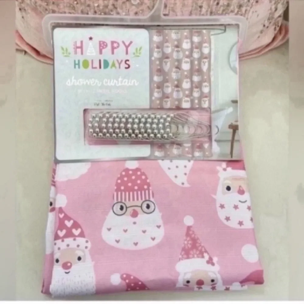 New Pink Santa Shower Curtain with Shower Hooks